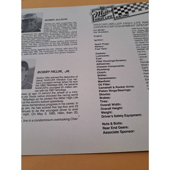 Vintage Miller High Life NASCAR Spec Card Bobby Allison Buick #12 #8 1980s - Picture 4 of 4
